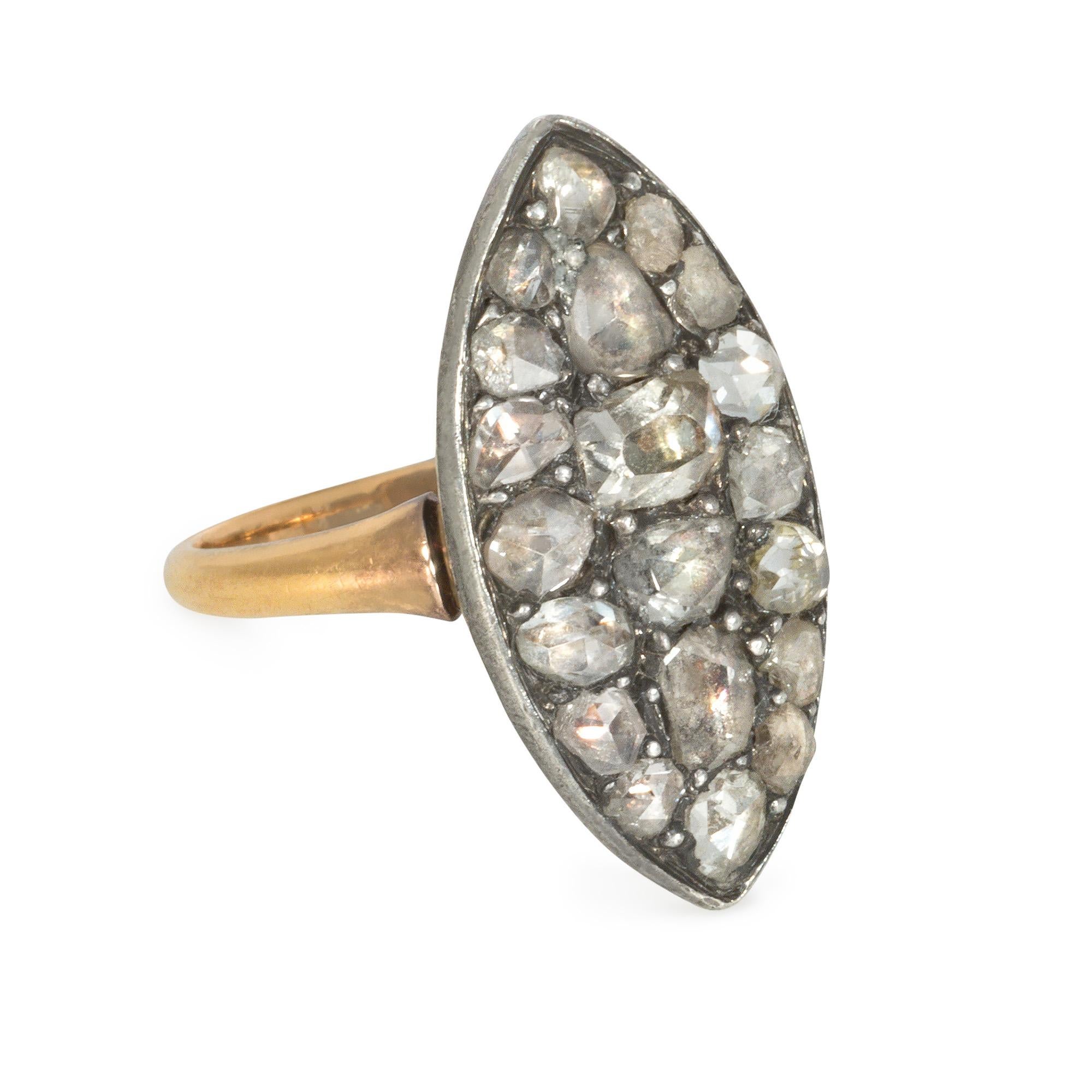 An antique early 19th century navette-shaped rose-cut diamond plaque ring in silver and 18k gold.  France

Face-up: 7/8