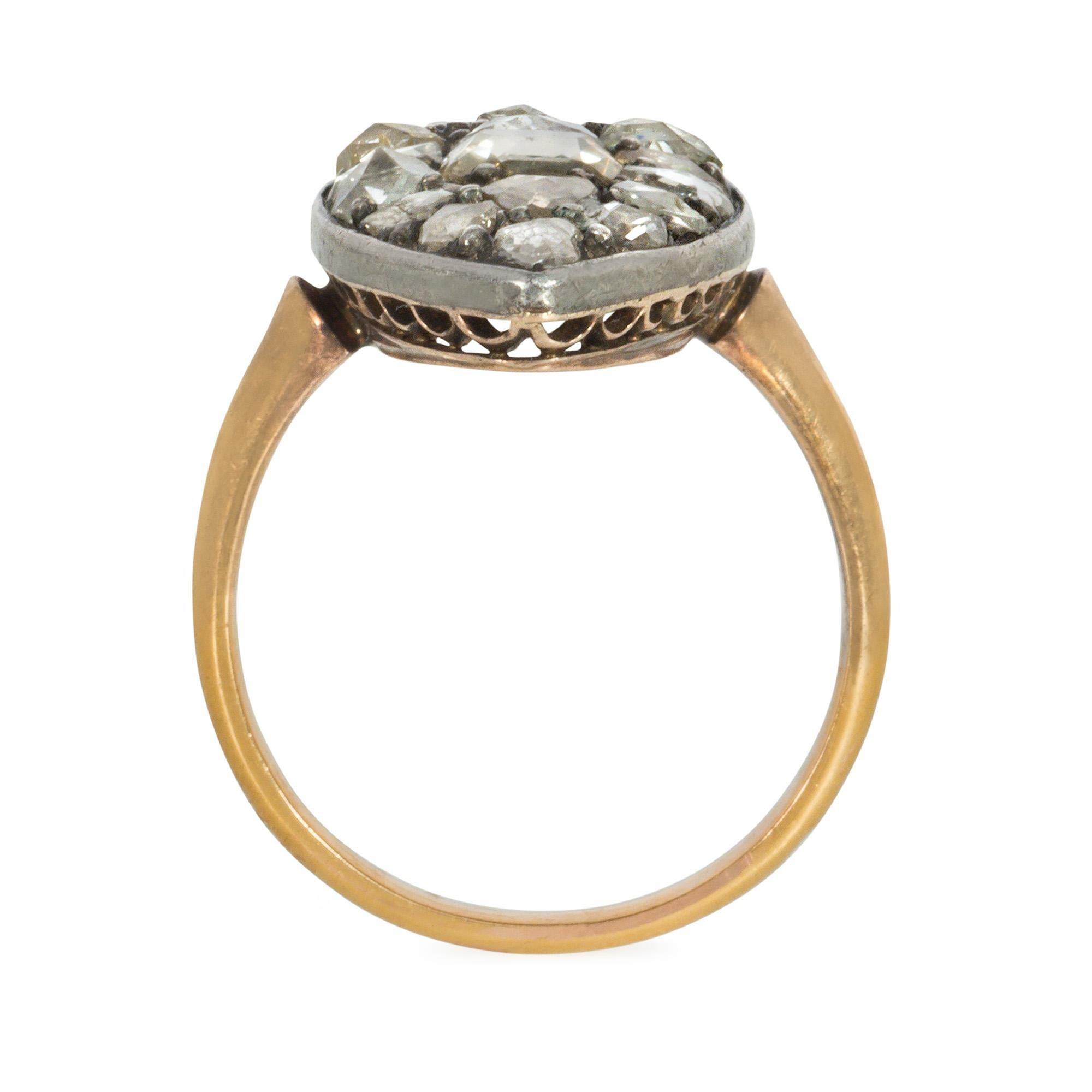 Georgian French Antique Navette-Shaped Rose Diamond and Silver-Topped Gold Plaque Ring