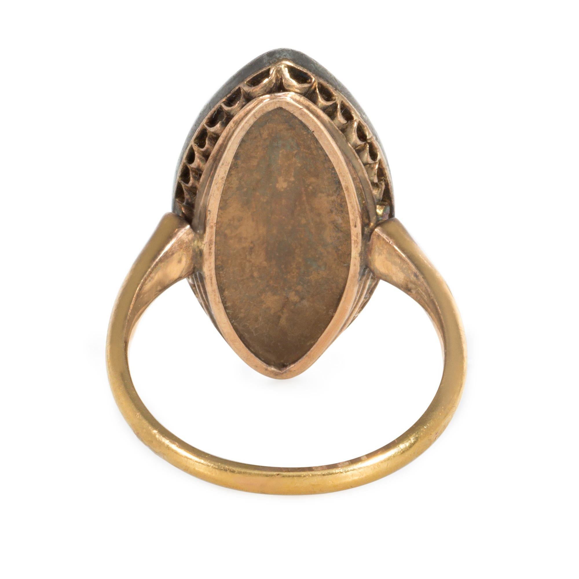Rose Cut French Antique Navette-Shaped Rose Diamond and Silver-Topped Gold Plaque Ring