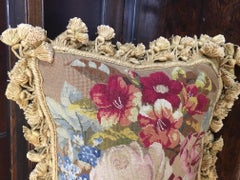 French Antique Needlepoint Floral Rectangular Cushion with Tassel Fringe