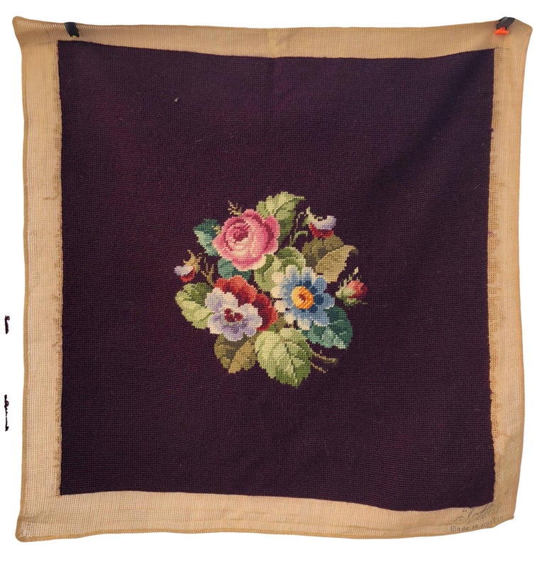 French Antique Needlepoint Pillow or Chair Covers, Plum Color, Set of