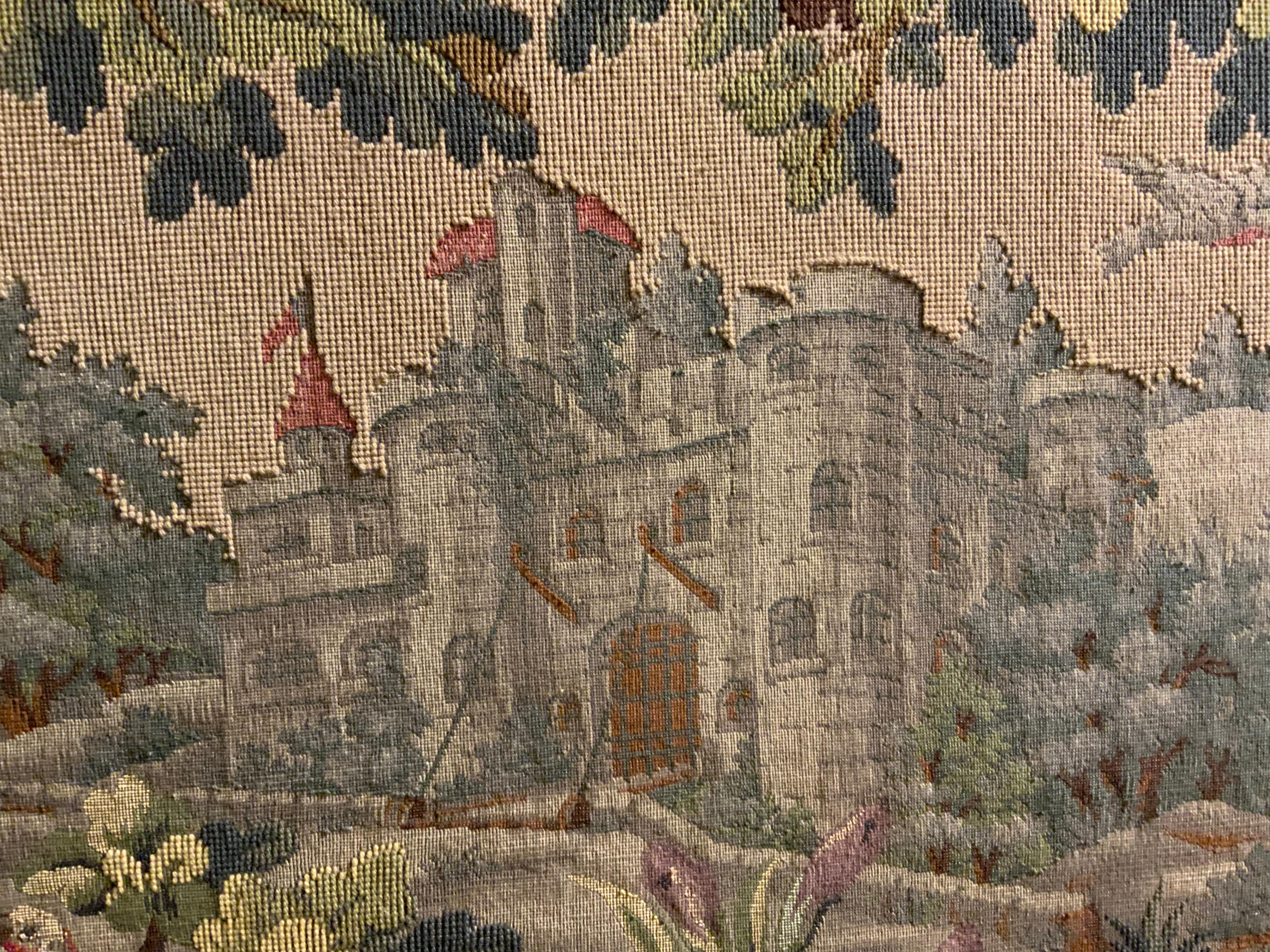 Wool French Antique needlepoint tapestry of castles  For Sale