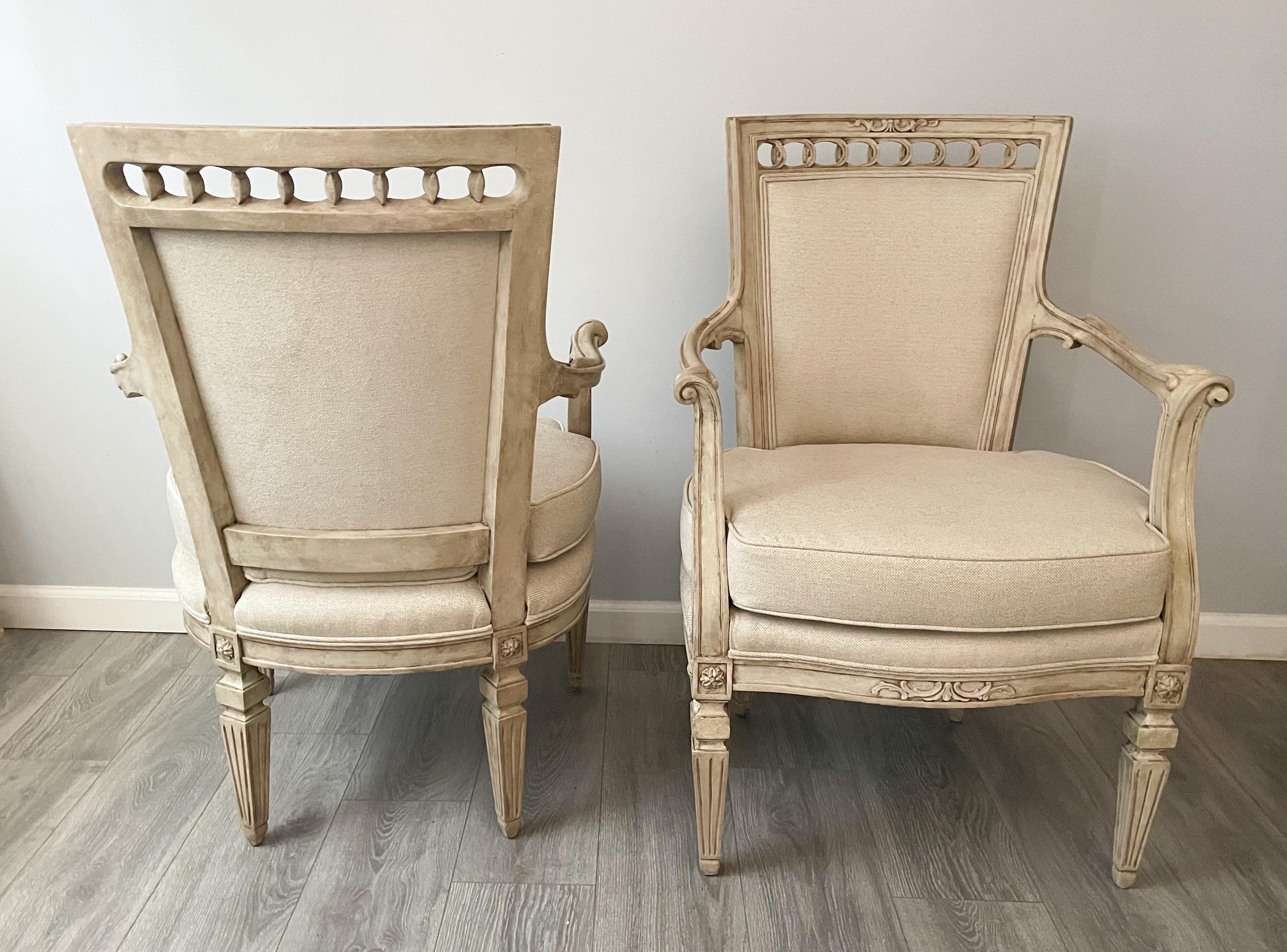 Linen French Antique Neoclassical Armchairs  For Sale
