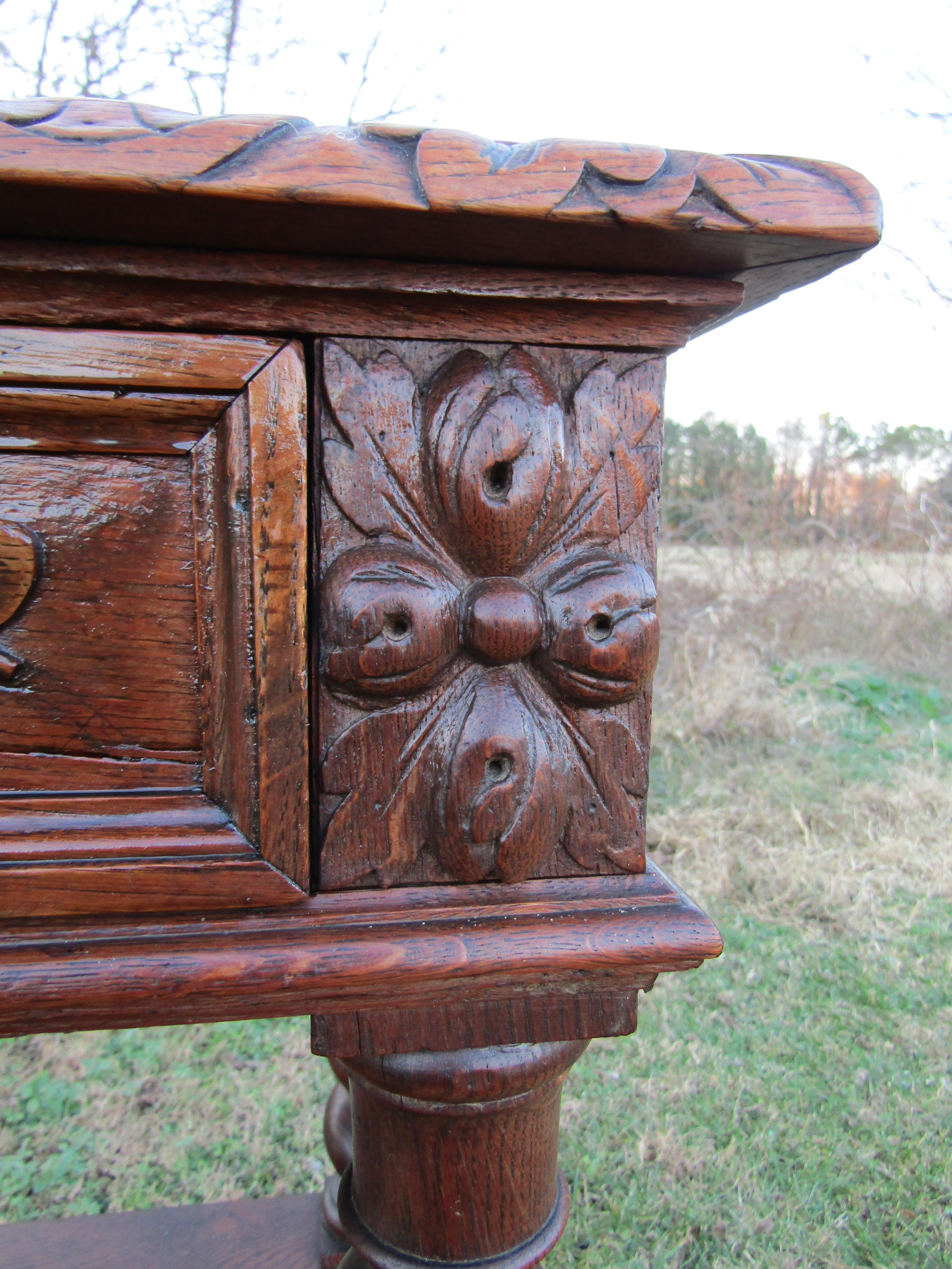 Baroque French Antique Oak Barley Iron Twist Buffet Cabinet Sideboard Server, 1880s