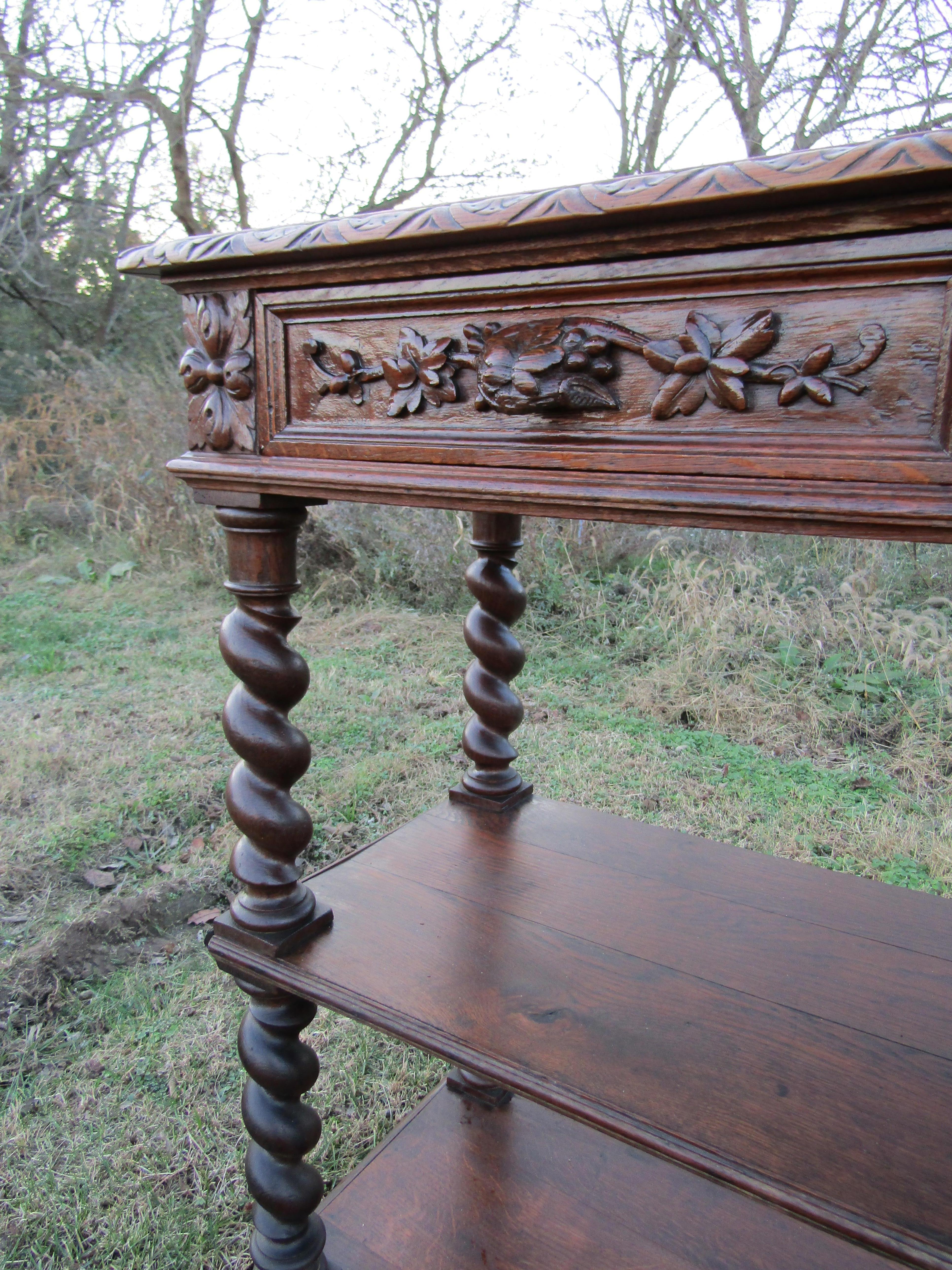 Hand-Carved French Antique Oak Barley Iron Twist Buffet Cabinet Sideboard Server, 1880s