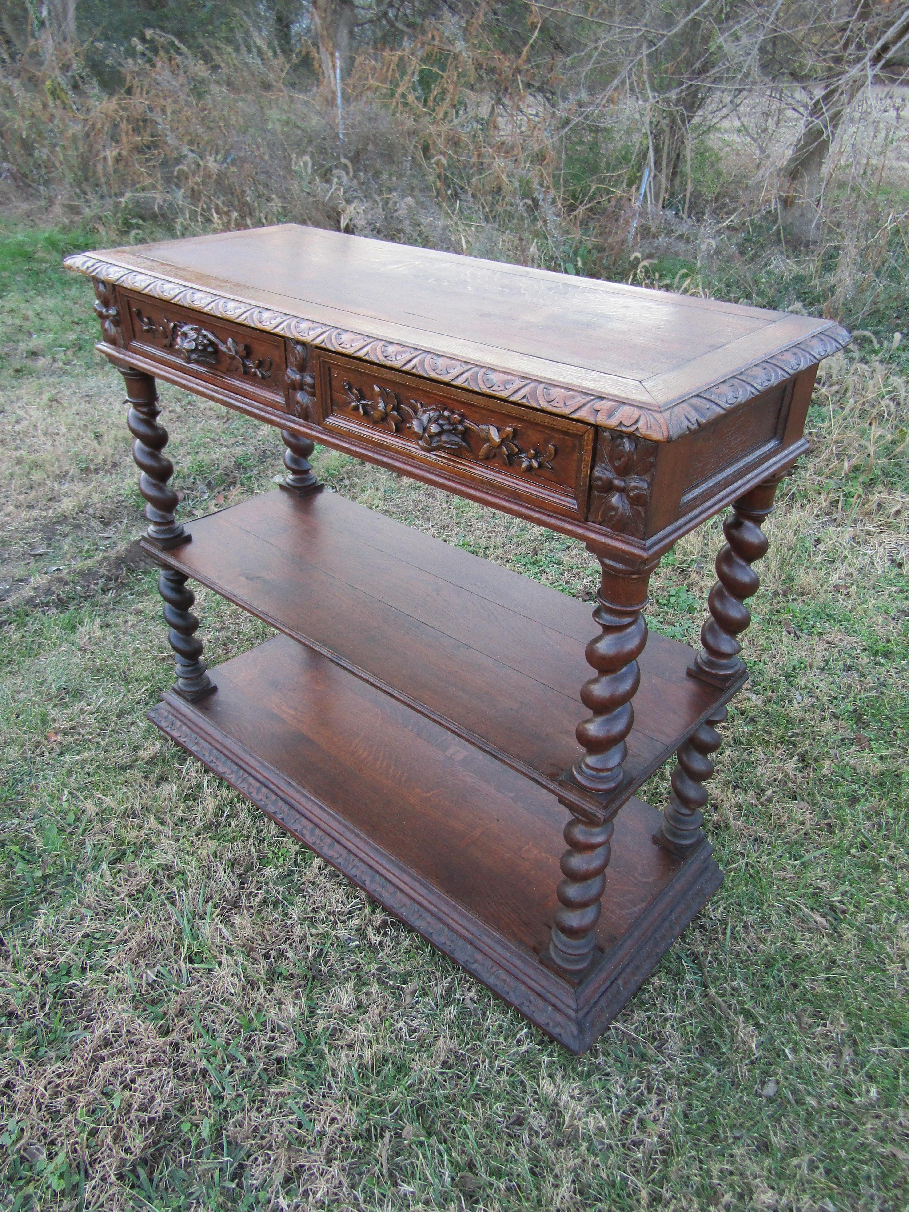 French Antique Oak Barley Iron Twist Buffet Cabinet Sideboard Server, 1880s In Good Condition In Hudson, NY