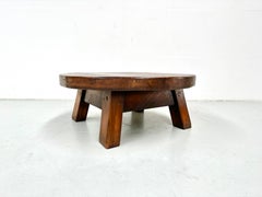 French Antique Oak Brutalist Round Coffee Table, 1920s.