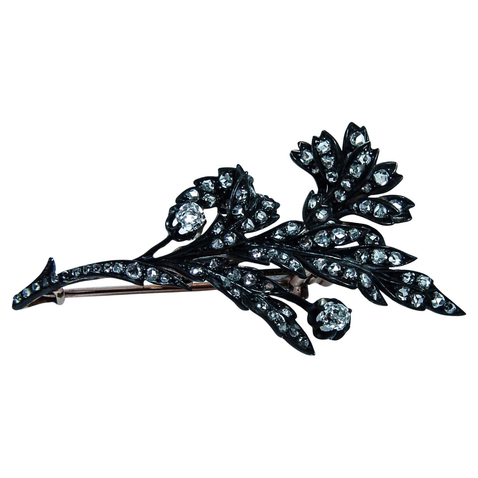 French Antique Old Mine Cushion Rose cut Diamond Lotus Brooch 18K Gold Estate