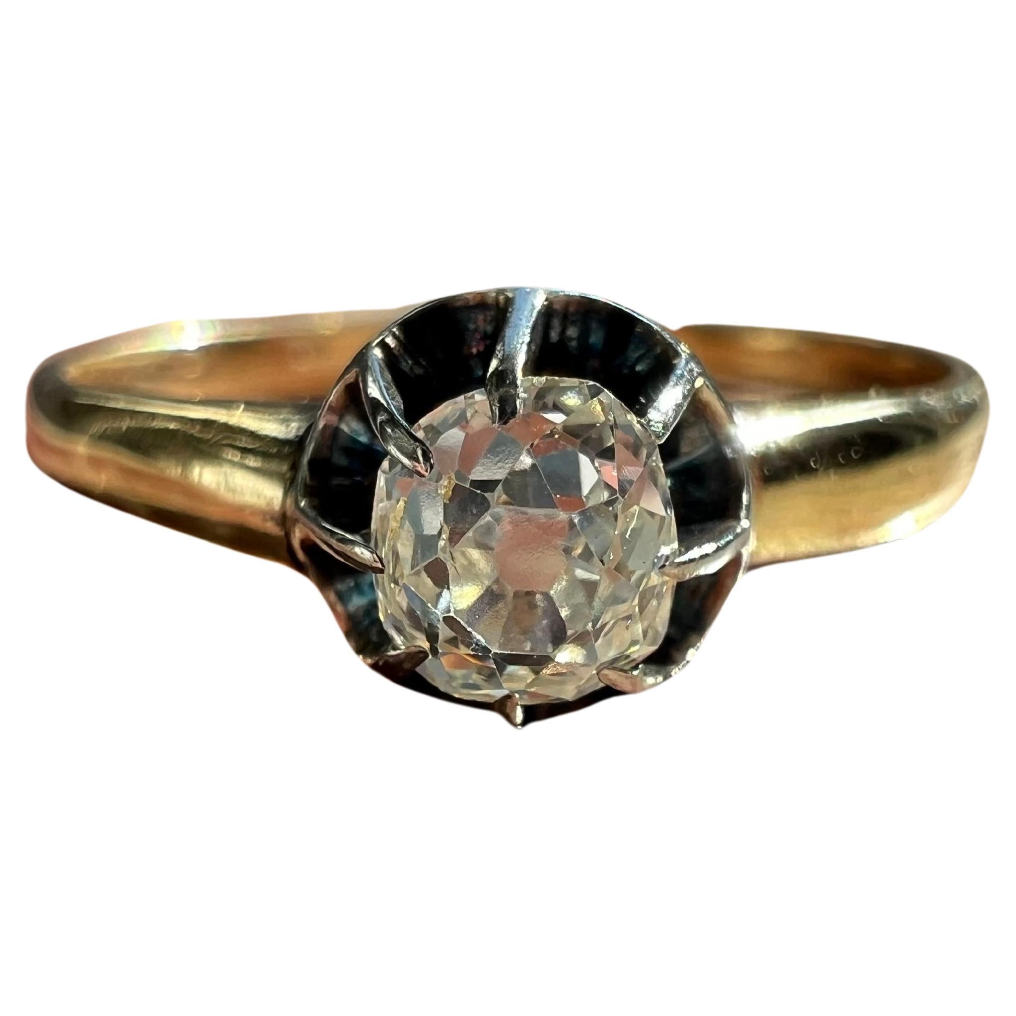 French Antique Old Mine Cut Diamond 18k Ring  For Sale