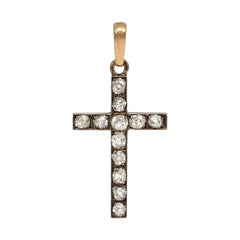 French Antique Old Mine Cut Diamond Cross Pendant in Silver-Topped Gold