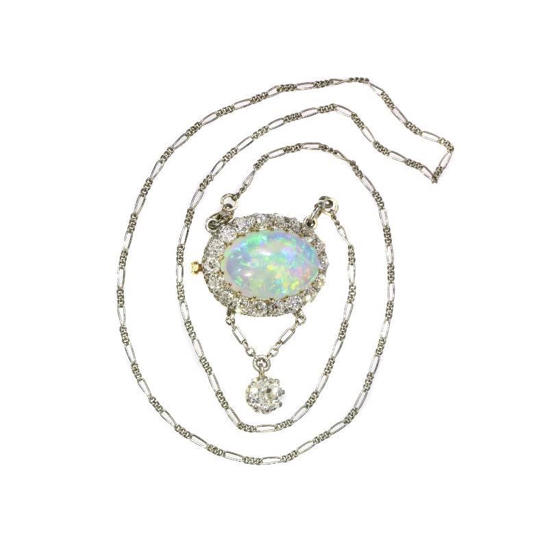 Women's French Antique Opal & 1.71 Carat Old European Diamond Gold Combined Ring Pendant For Sale