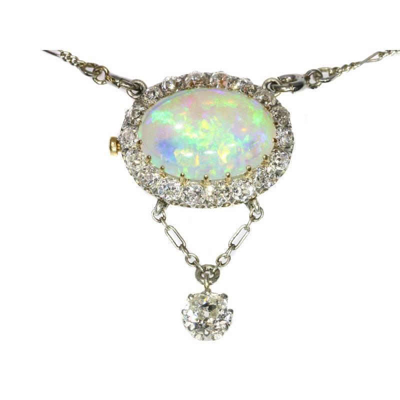 French Antique Opal & 1.71 Carat Old European Diamond Gold Combined Ring Pendant For Sale 1