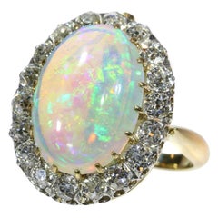 French Antique Opal & 1.71 Carat Old European Diamond Gold Combined Ring Pendant