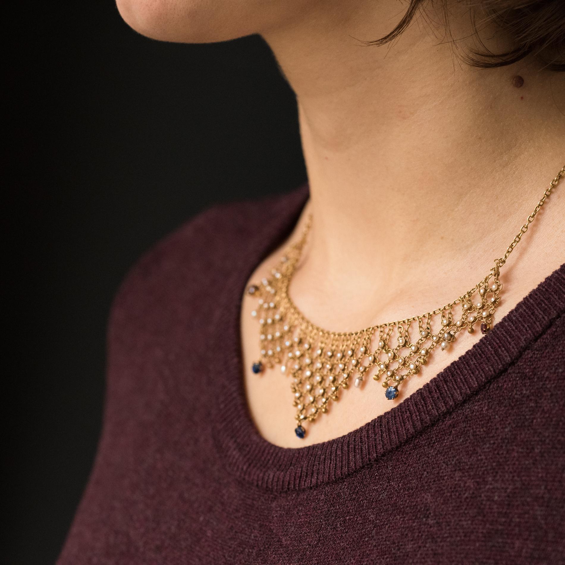 Antike durchbrochene Perlen-Saphir-Rubin-Gold-Halskette im Zustand „Gut“ im Angebot in Poitiers, FR