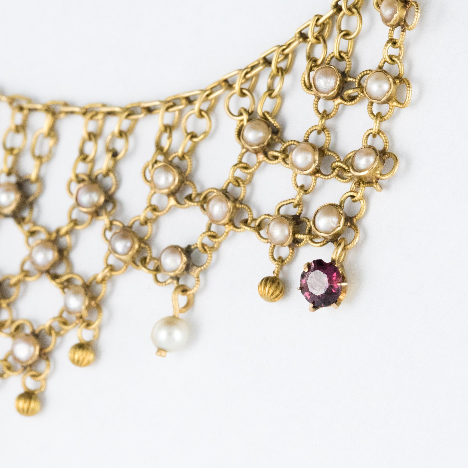 French Antique Openwork Pearl Sapphire Ruby Gold Necklace For Sale 1