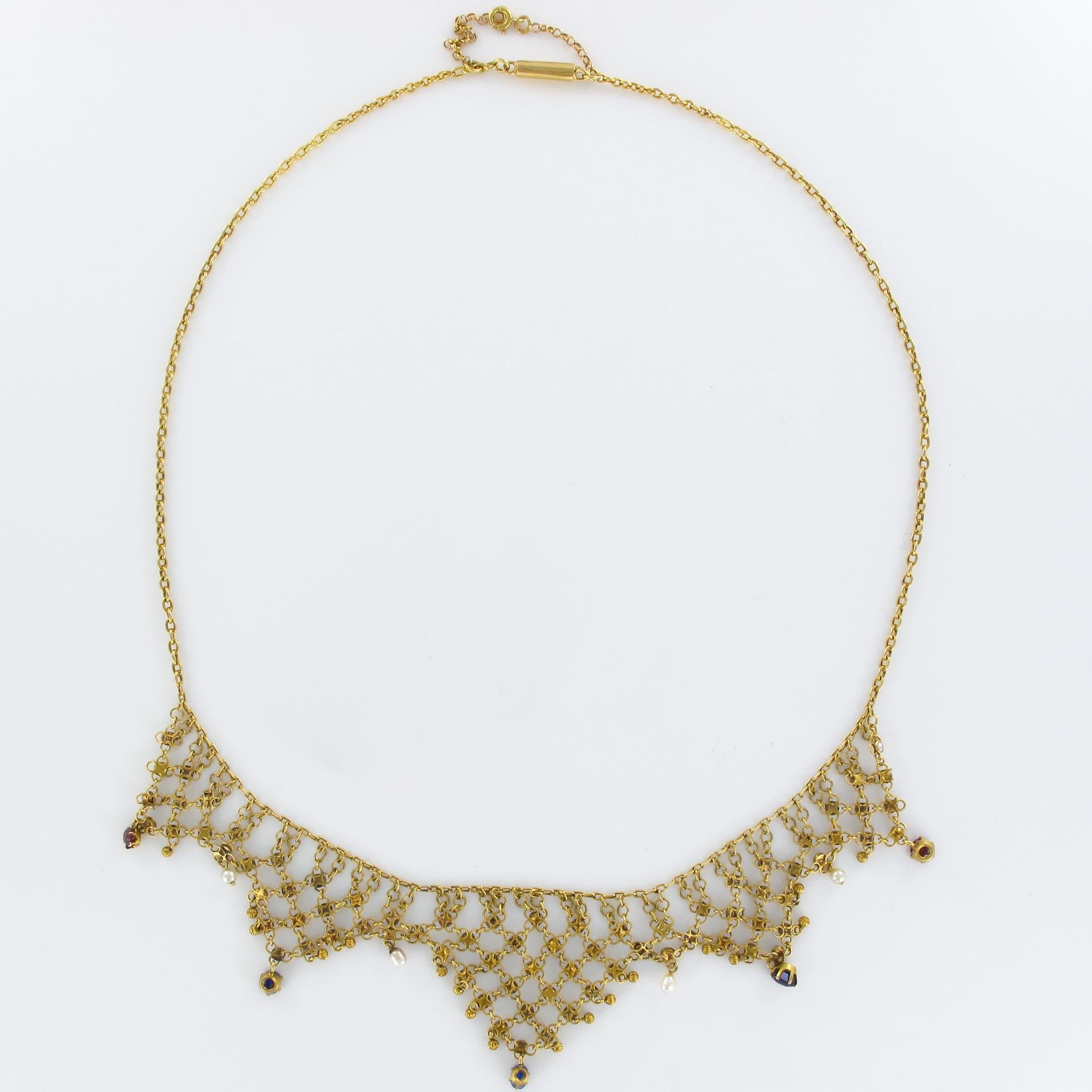 Antike durchbrochene Perlen-Saphir-Rubin-Gold-Halskette im Angebot 4