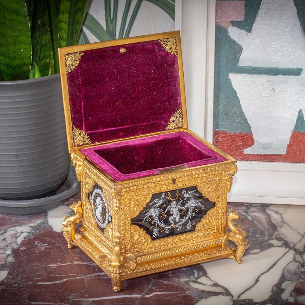 Napoleon III French Antique Ormolu and Limoges Enamel Jewellery Box For Sale