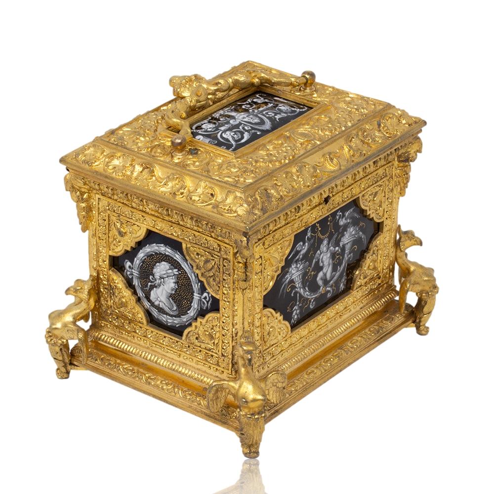 Cast French Antique Ormolu and Limoges Enamel Jewellery Box For Sale