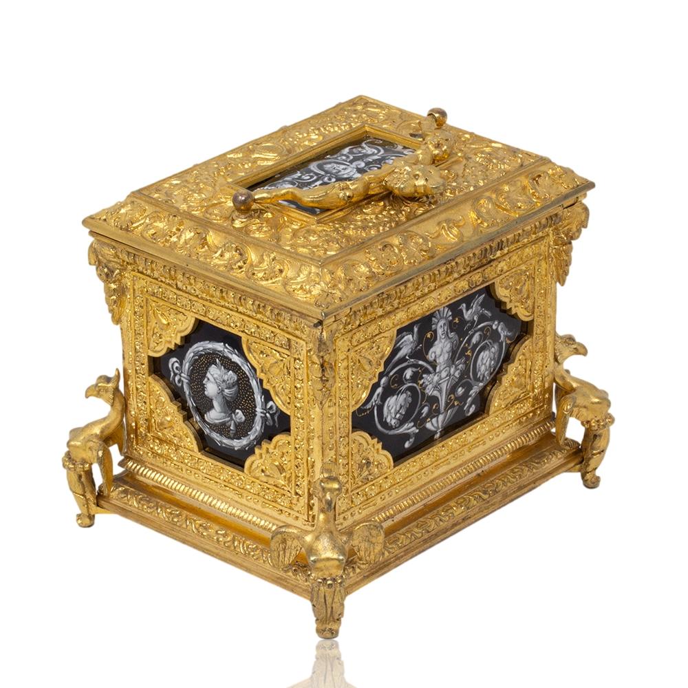 French Antique Ormolu and Limoges Enamel Jewellery Box In Good Condition For Sale In Newark, England