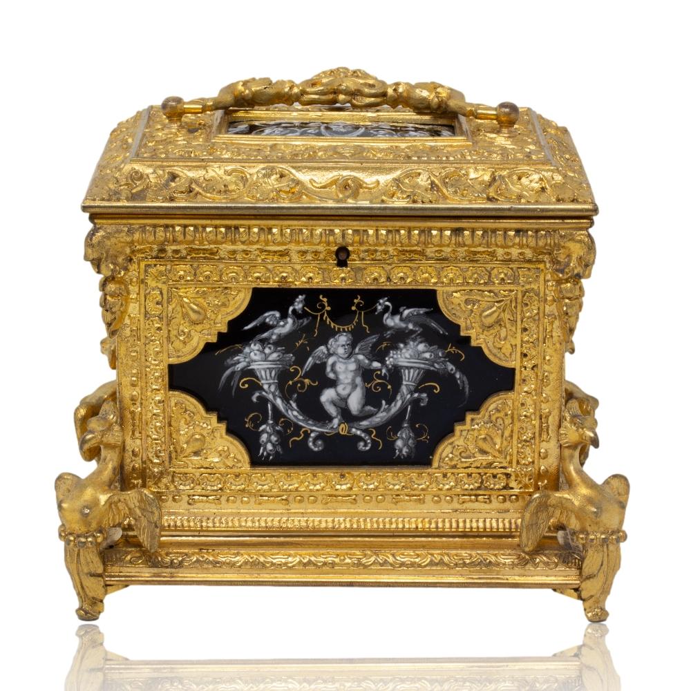 19th Century French Antique Ormolu and Limoges Enamel Jewellery Box For Sale
