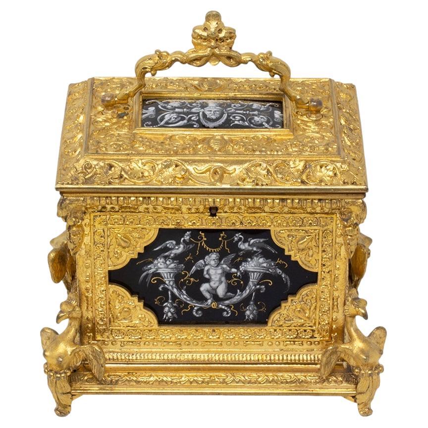 French Antique Ormolu and Limoges Enamel Jewellery Box For Sale