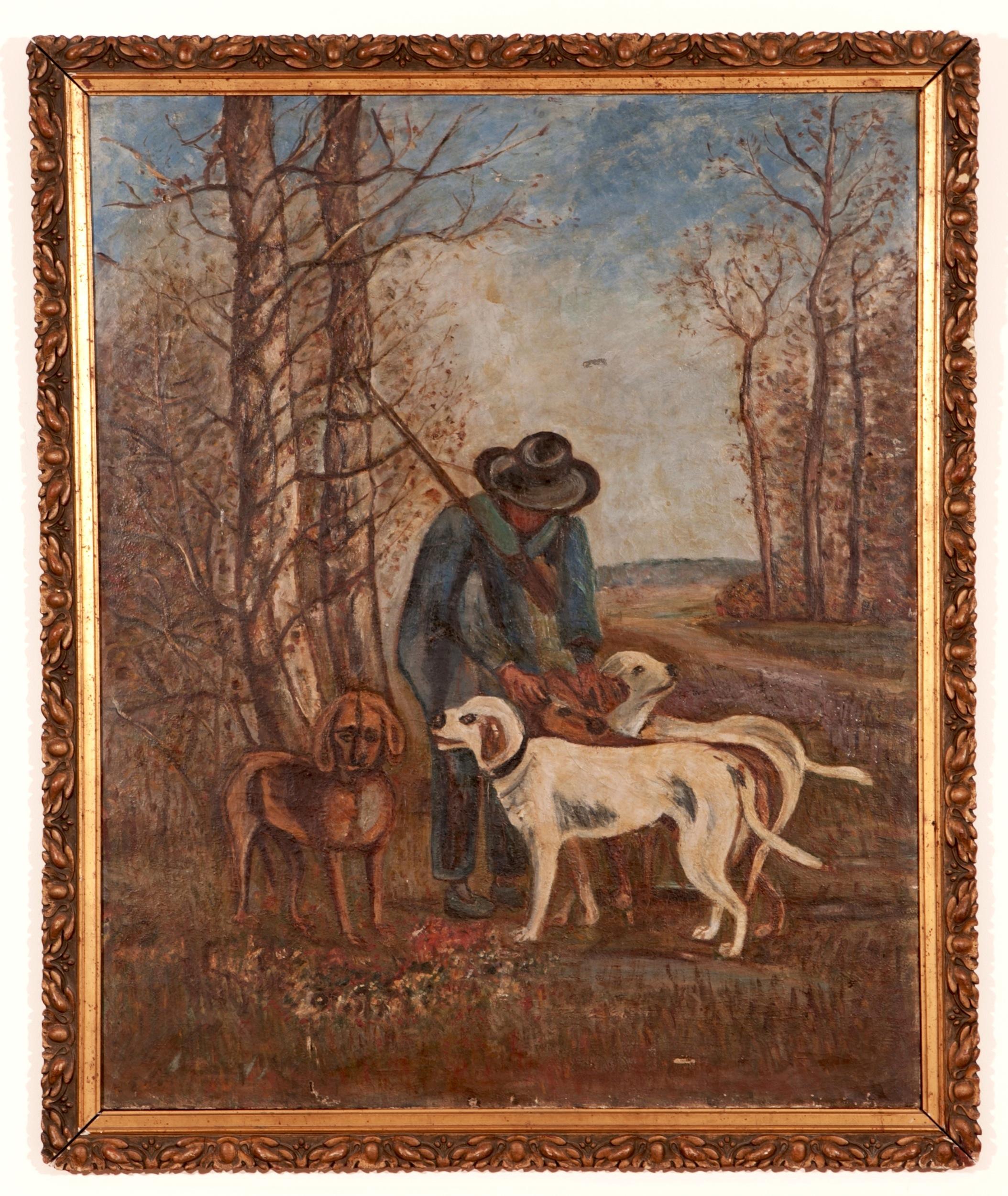 Peinture française ancienne d'un chasseur avec ses chiens 3