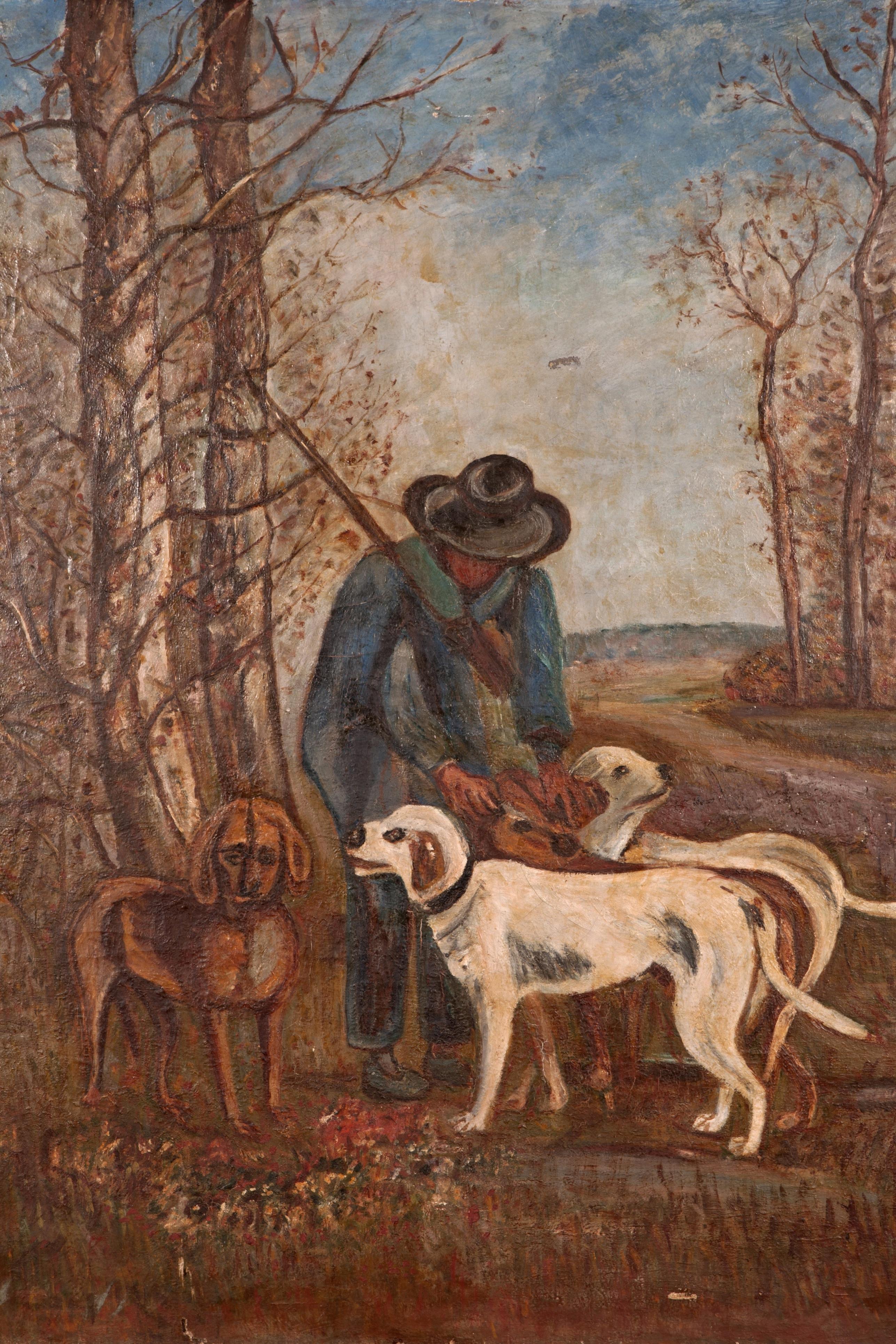 This is a large, incredible French painting of a hunter and his four dogs on a winter's day. Found in the south of France this is an extraordinary early 20th century antique piece. The artist chose to add details to the four faces of the dogs while