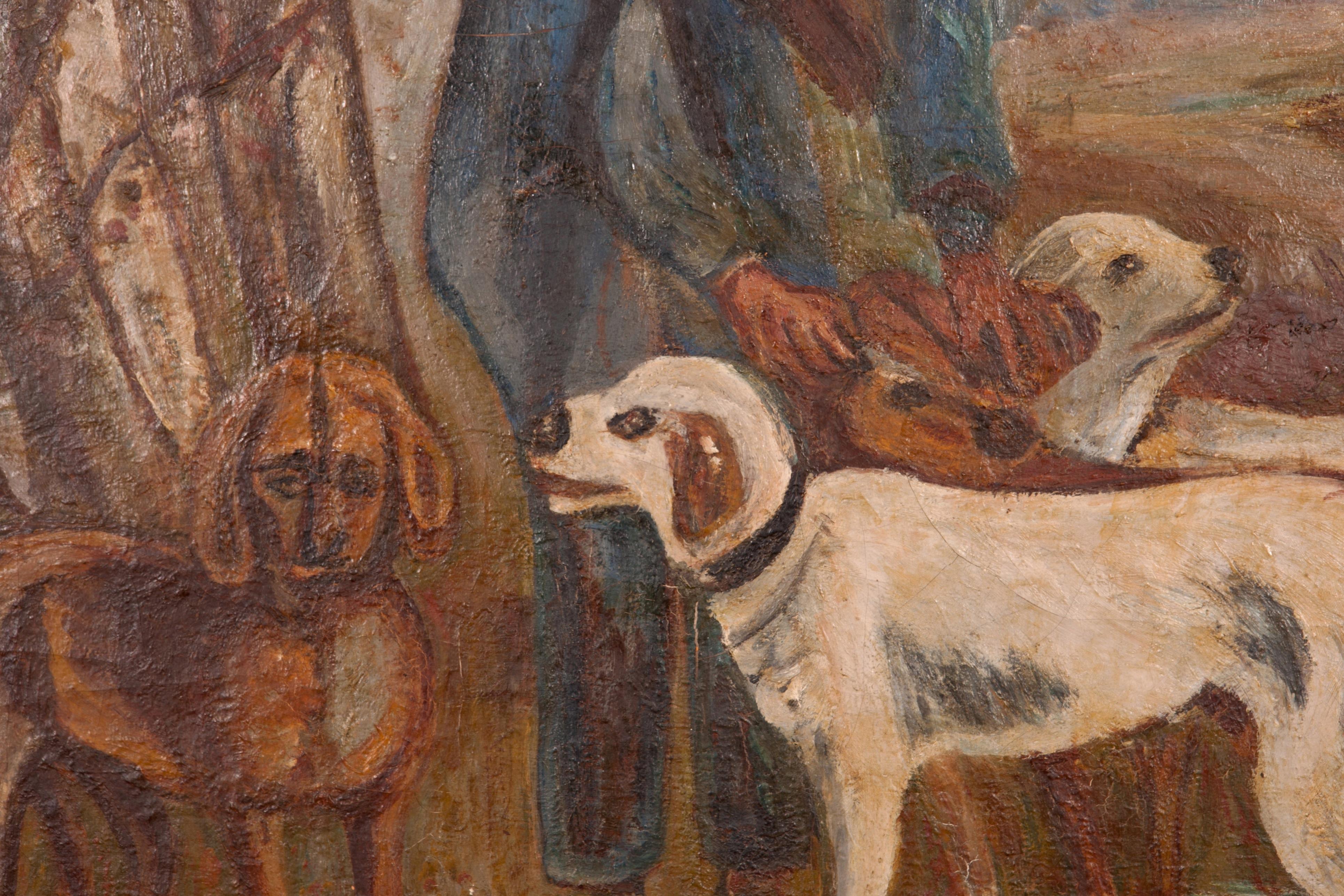 Français Peinture française ancienne d'un chasseur avec ses chiens