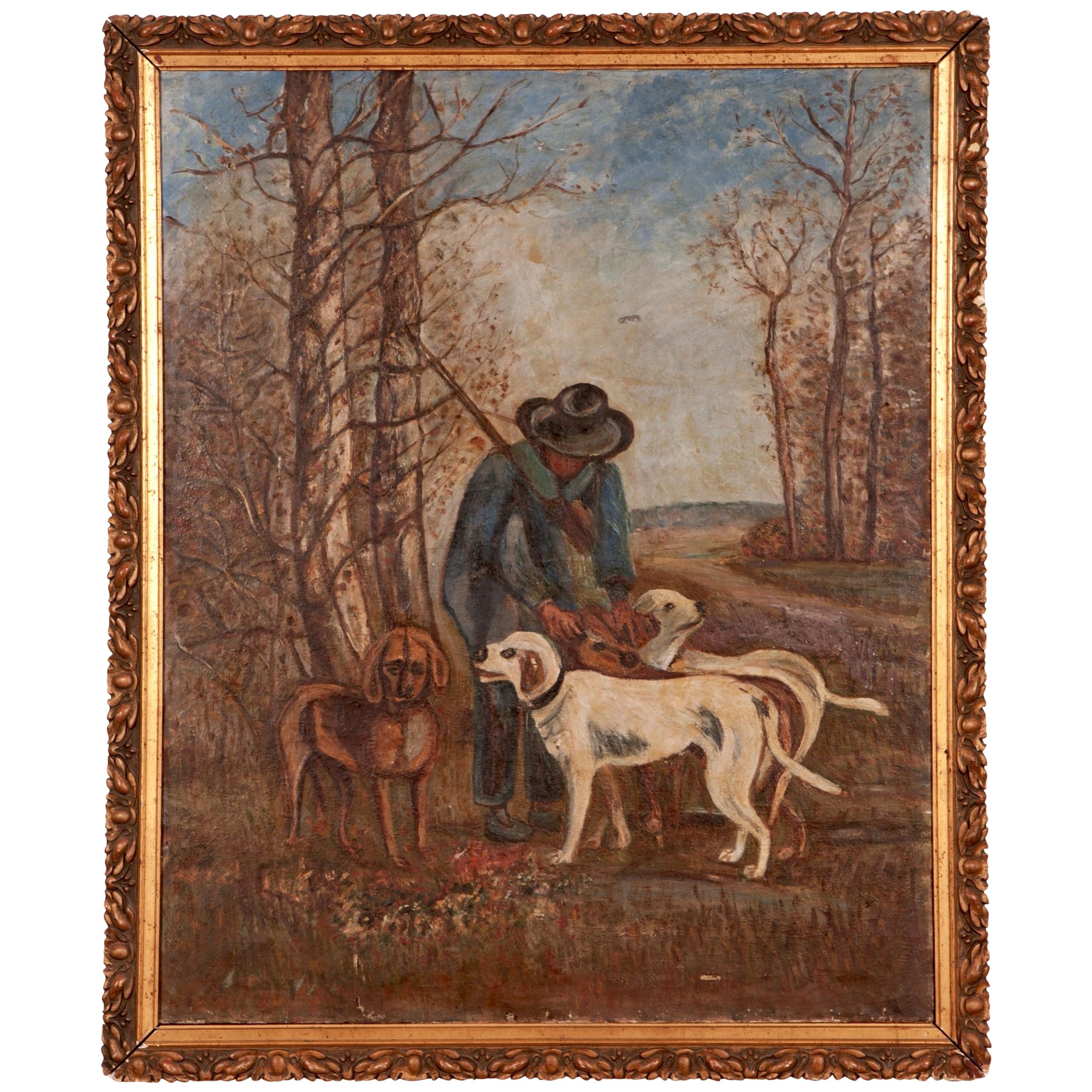 French Antique Painting of a Hunter with His Dogs