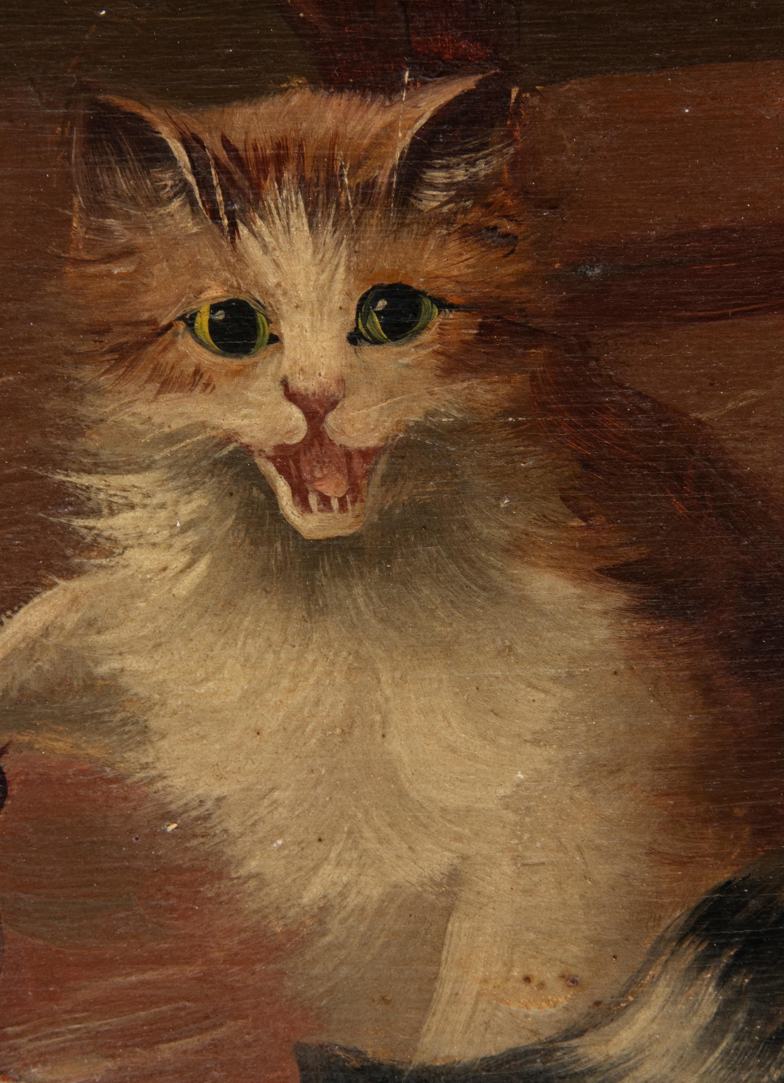 French Antique Painting of Playing Cats Oil Paint on Wooden Panel 1