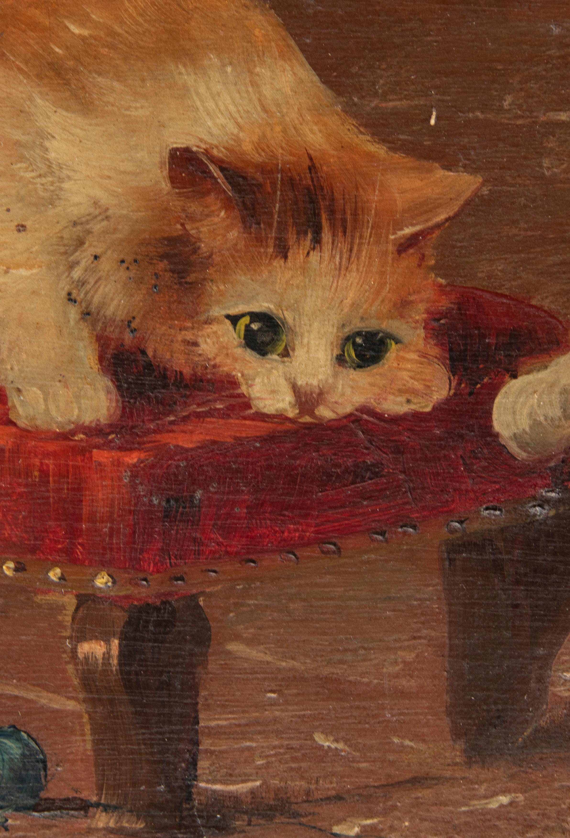 French Antique Painting of Playing Cats Oil Paint on Wooden Panel For Sale 5