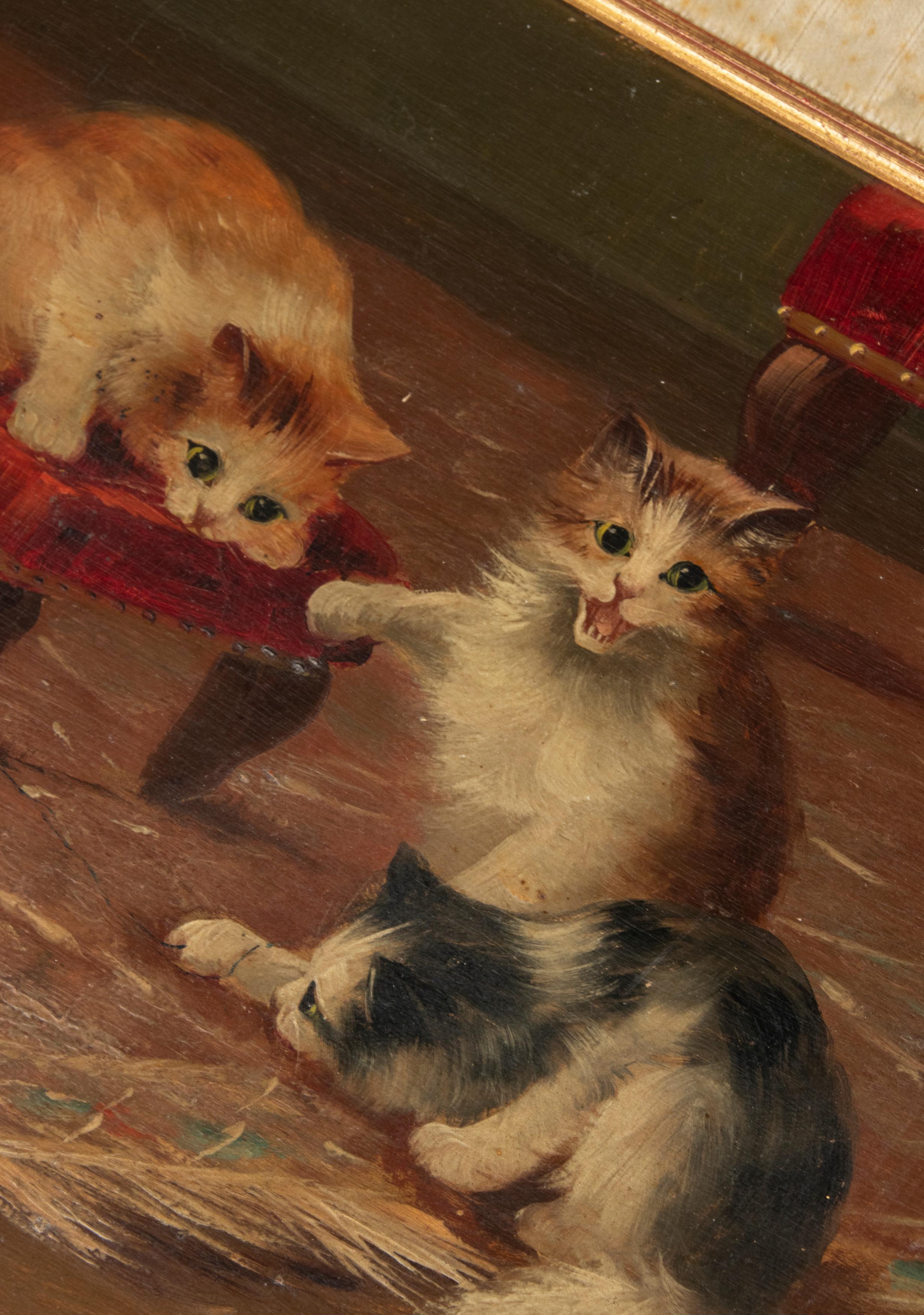 Antikes französisches Ölgemälde, spielende Katzen, Öl auf Holzplatte, Französisch im Angebot 7