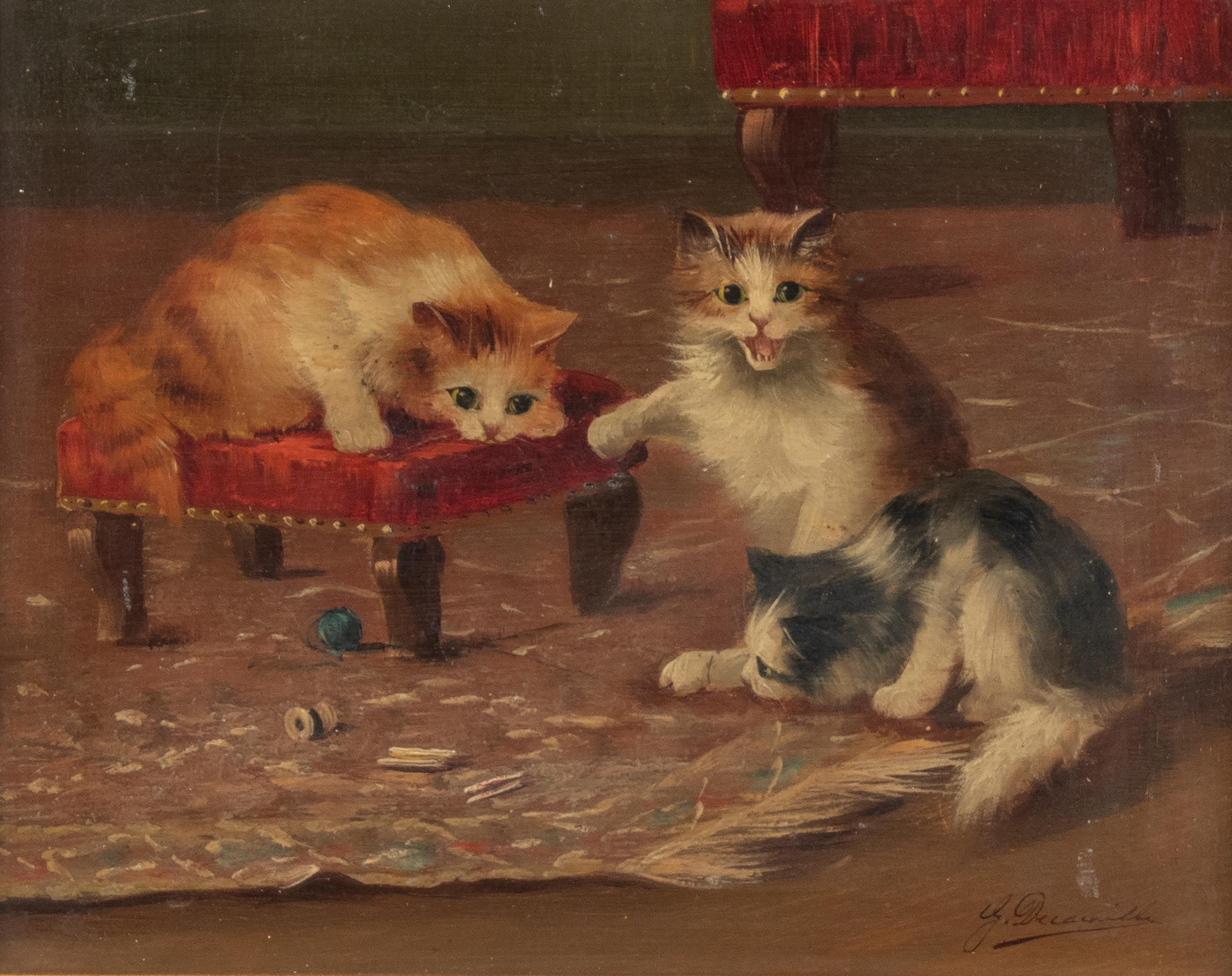 Cute painting of playing cats. The painting dates from circa 1910-1920, presumably French. The painting is signed at the bottom right, but the signature is not clearly legible. The painting is in good condition and is framed in a wooden frame. The