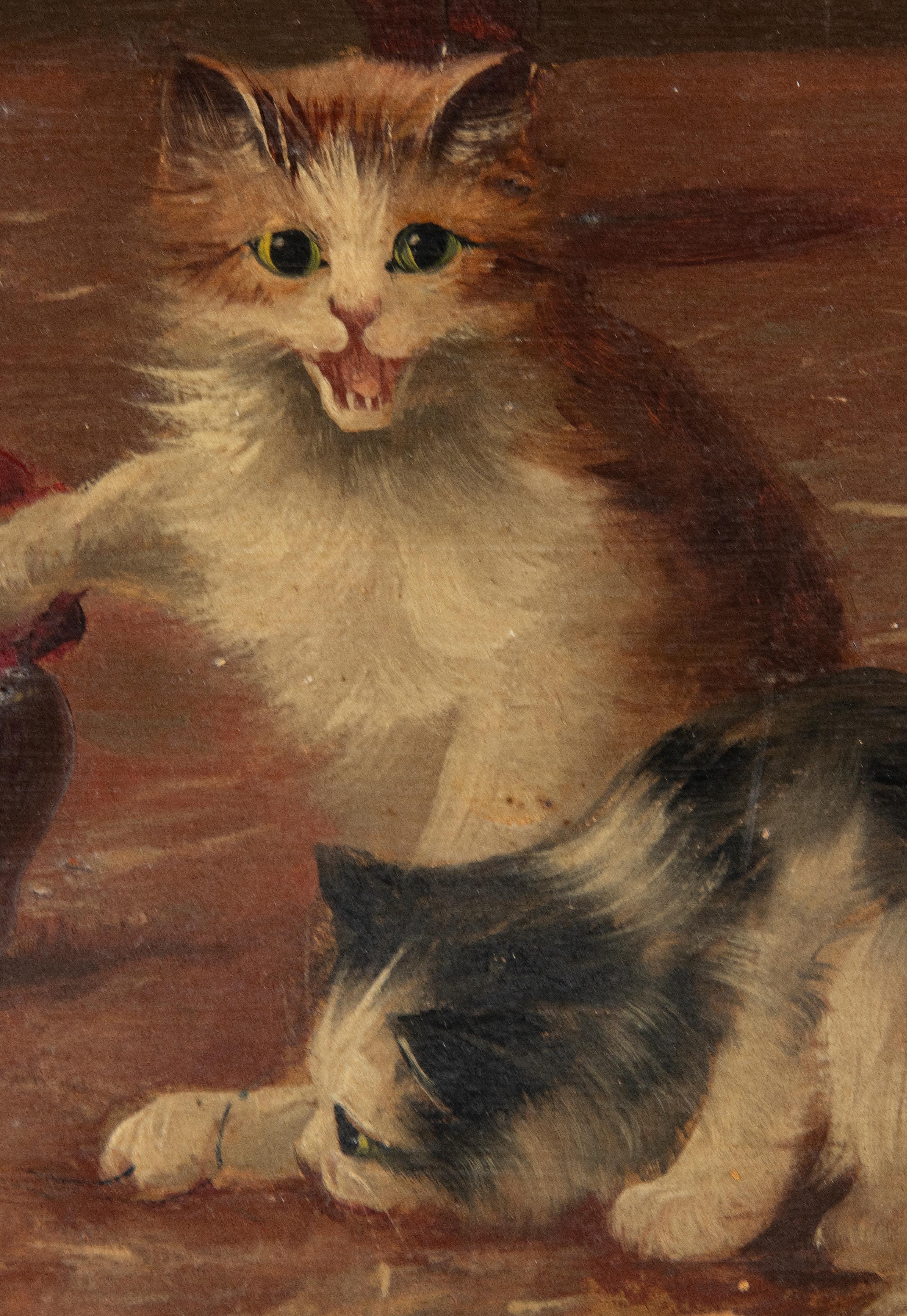 Romantic French Antique Painting of Playing Cats Oil Paint on Wooden Panel For Sale