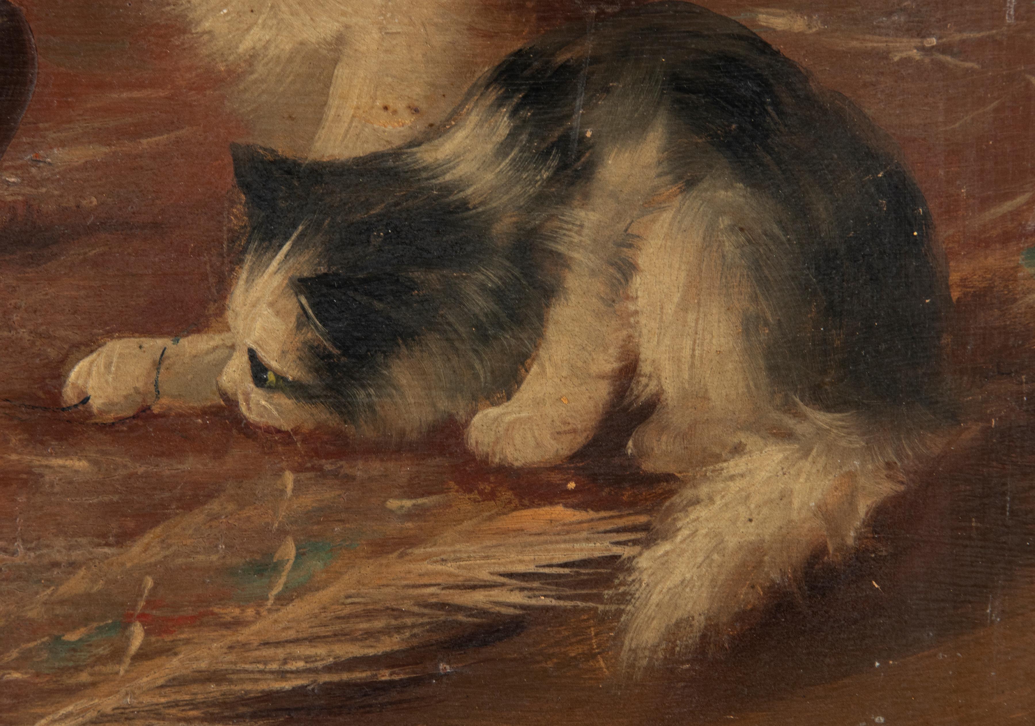 Antikes französisches Ölgemälde, spielende Katzen, Öl auf Holzplatte, Französisch (Handbemalt) im Angebot