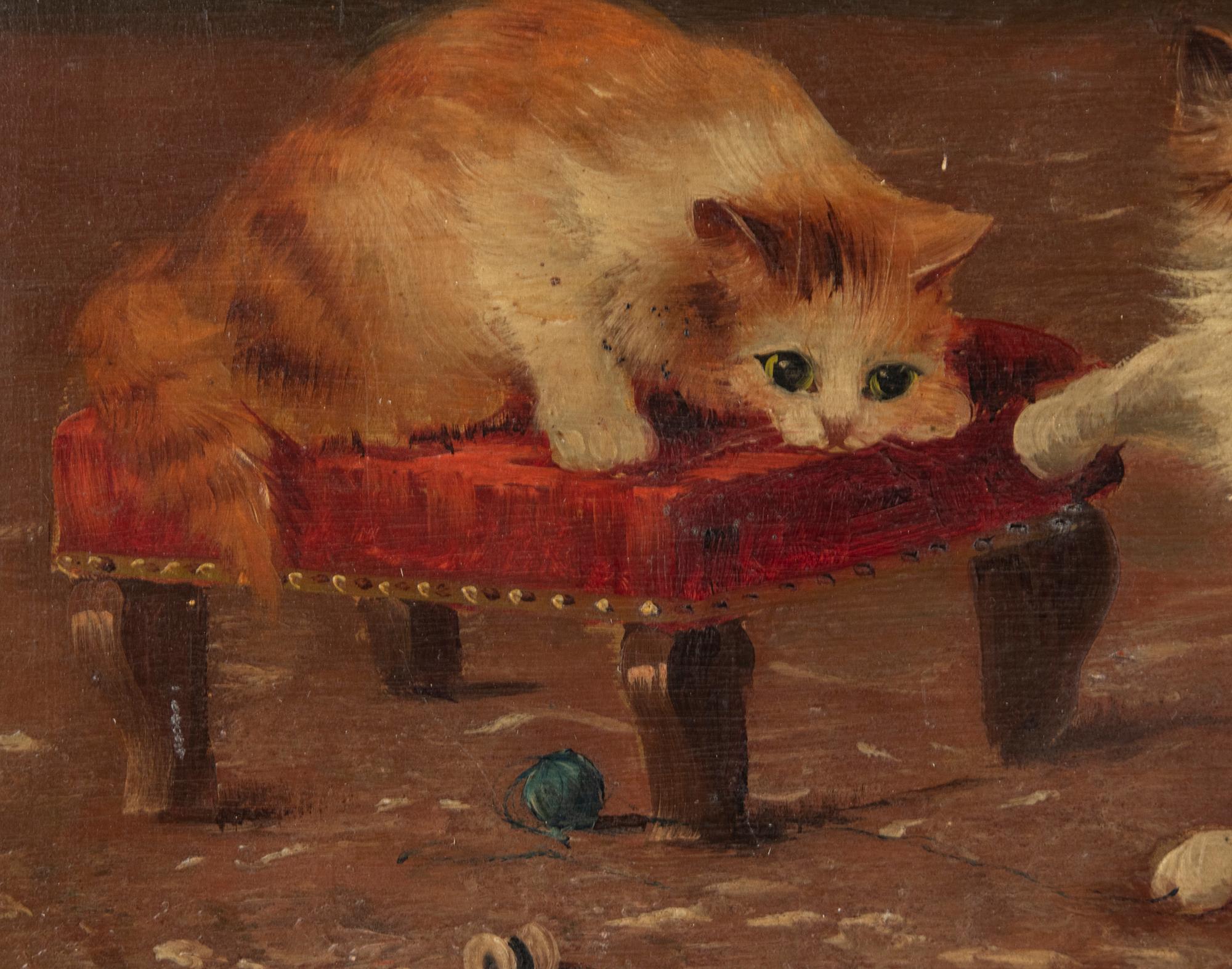 Early 20th Century French Antique Painting of Playing Cats Oil Paint on Wooden Panel