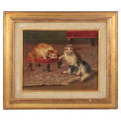 Peinture française ancienne à l'huile sur panneau en bois représentant des chats jouant