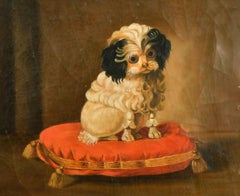 Antique Dog Oil Painting Portrait of Posed Groomed Small Shih Tzu Dog on Cushion