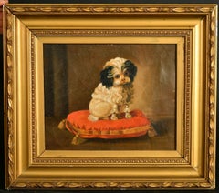 Antique Dog Oil Painting Portrait of Posed Groomed Small Shih Tzu Dog on Cushion