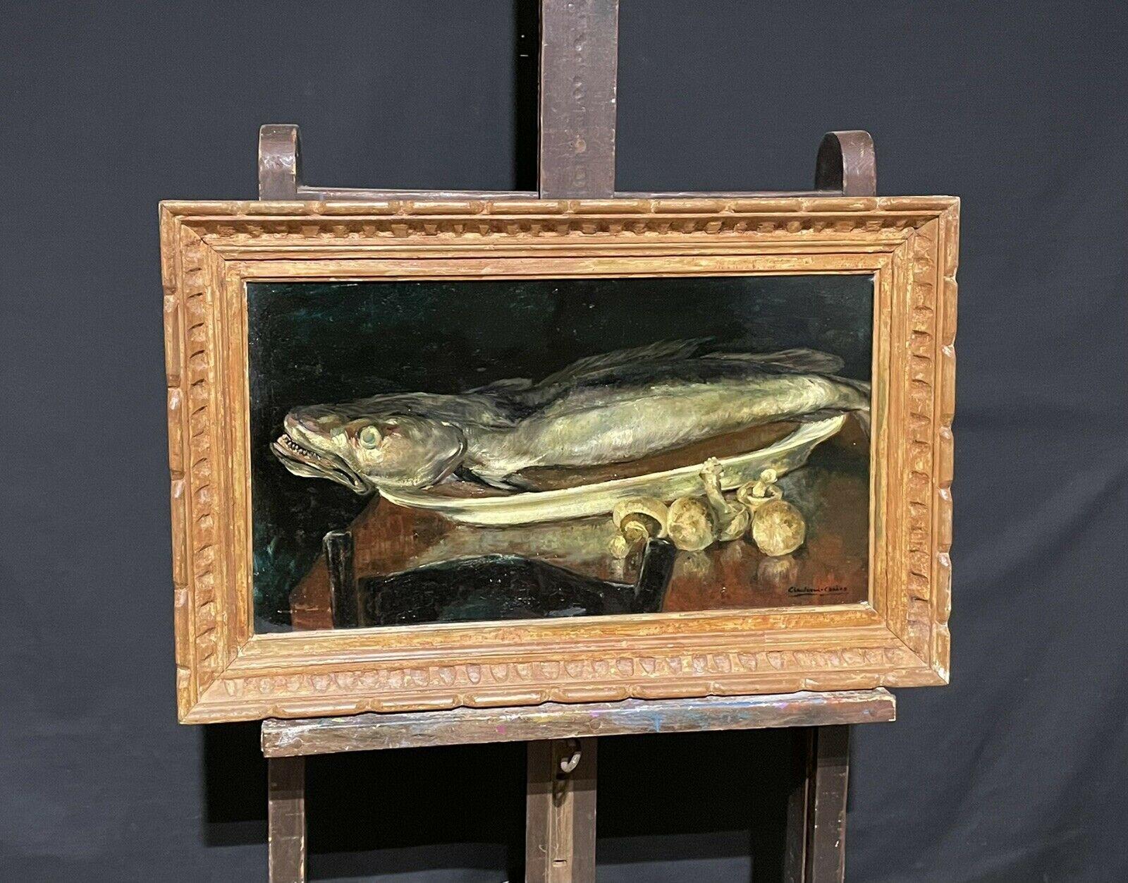 ANTIQUE FRENCH SIGNED OIL - NATURE MORTE FISH & MUSHROOMS KITCHEN TABLE - FRAMED - Painting by French antique