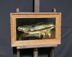 ANTIQUE FRENCH SIGNED OIL - NATURE MORTE FISH & MUSHROOMS KITCHEN TABLE - FRAMED