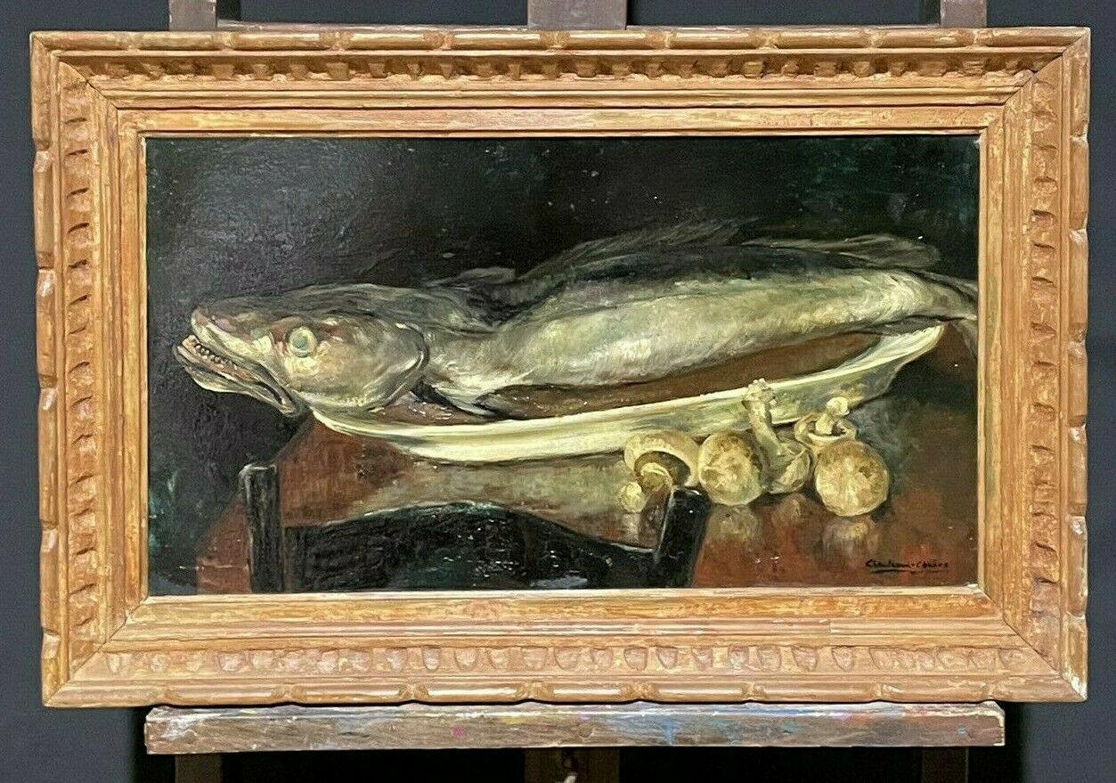 French antique Interior Painting - ANTIQUE FRENCH SIGNED OIL - NATURE MORTE FISH & MUSHROOMS KITCHEN TABLE - FRAMED
