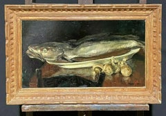 ANTIQUE FRENCH SIGNED OIL - NATURE MORTE FISH & MUSHROOMS KITCHEN TABLE - FRAMED