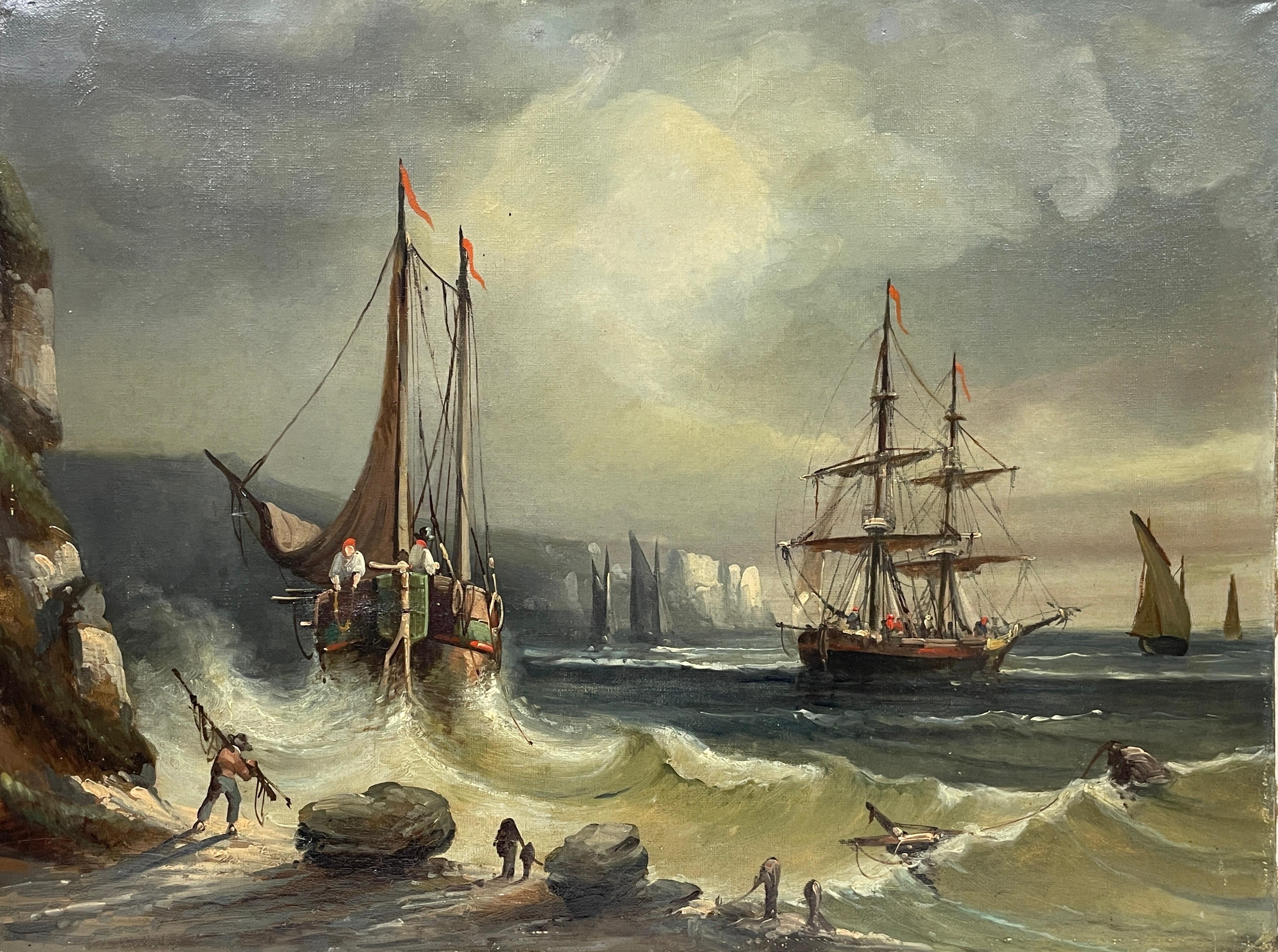 Large 19th Century French Marine Oil on Canvas Shipwreck in Stormy Coastal Scene - Painting by French antique
