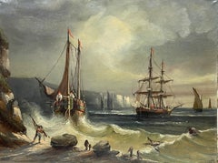 Large 19th Century French Marine Oil on Canvas Shipwreck in Stormy Coastal Scene