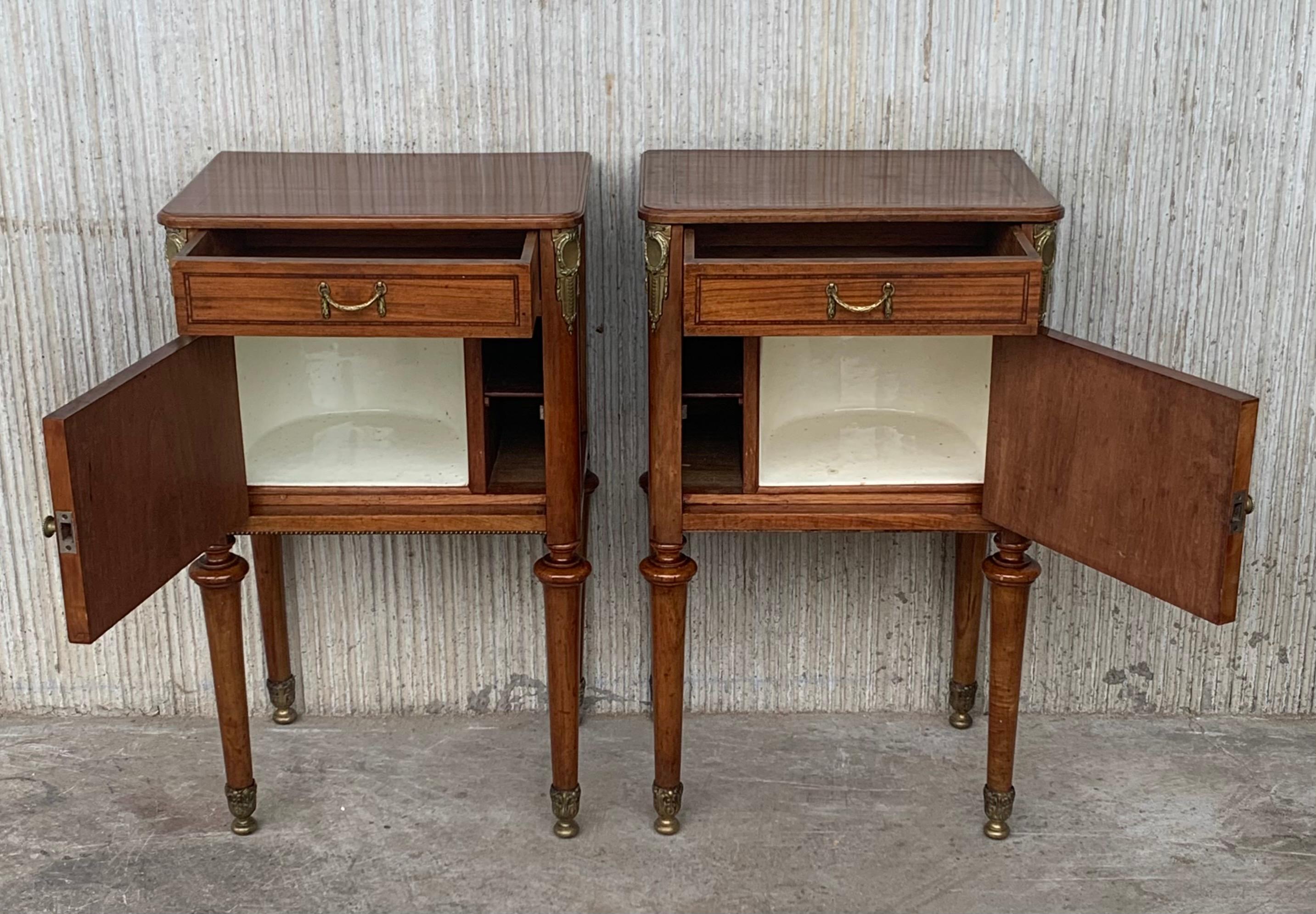 Marquetry French Antique Pair of Bedside Tables or Cabinet, Nightstands, circa 1890