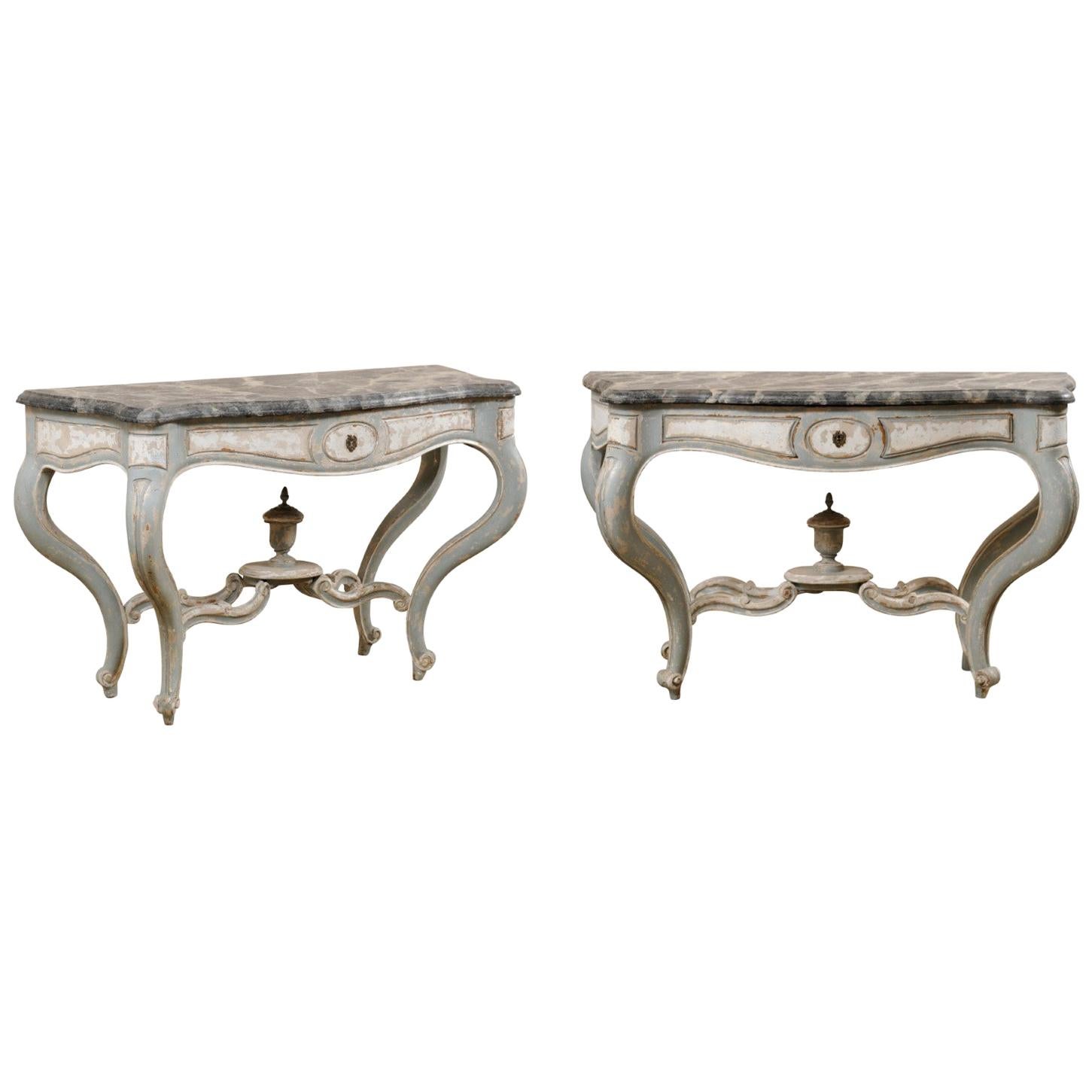 French Antique Pair of Shapely Carved and Painted Consoles with Faux Marble Tops