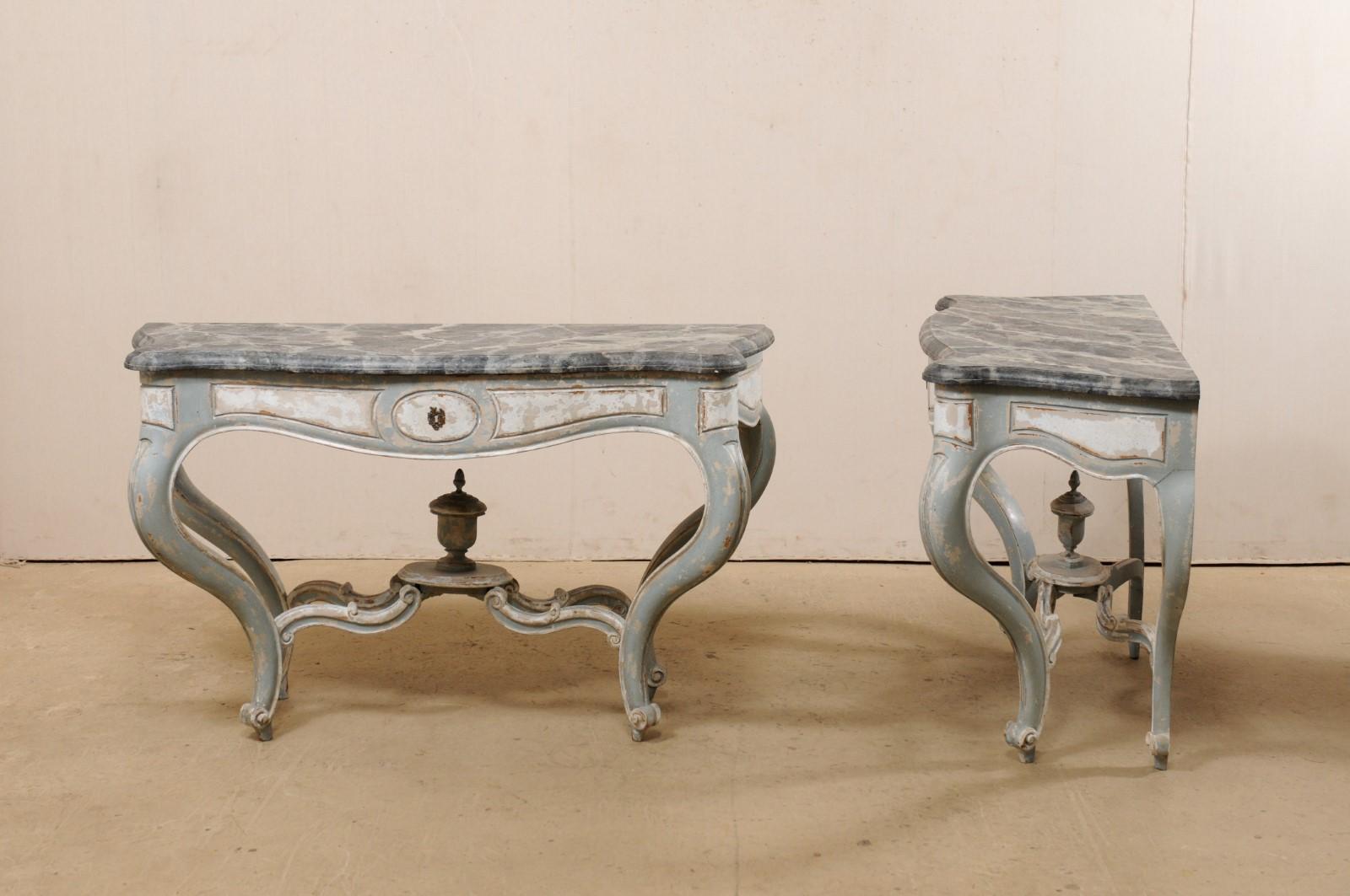 French Antique Pair of Shapely Carved and Painted Consoles with Faux Marble Tops 5