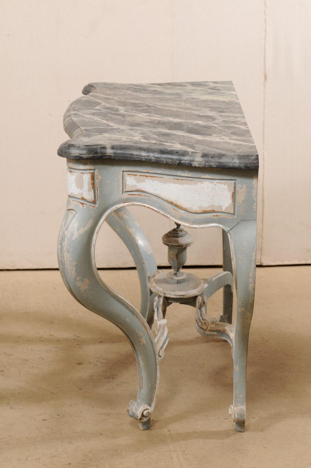 French Antique Pair of Shapely Carved and Painted Consoles with Faux Marble Tops 6