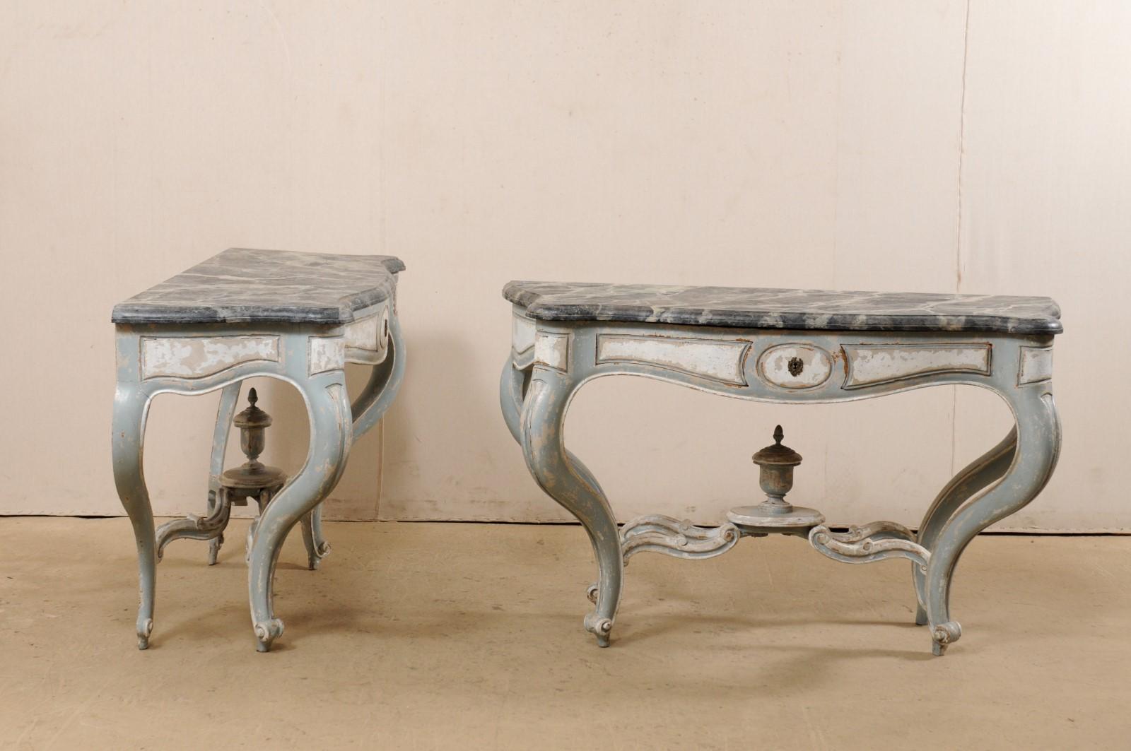 French Antique Pair of Shapely Carved and Painted Consoles with Faux Marble Tops In Good Condition In Atlanta, GA